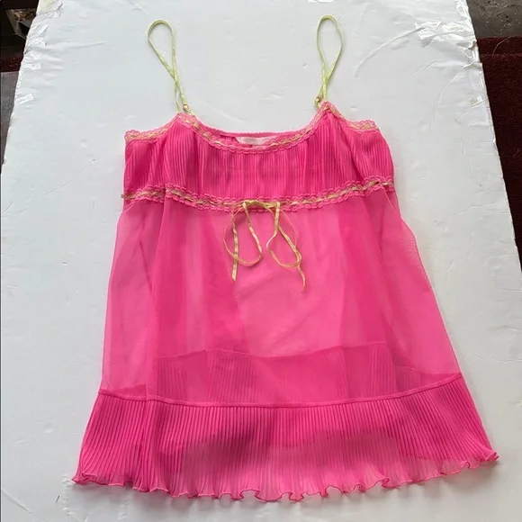Vintage y2k Victoria Secret Large Pink Green Sheer Milkmaid Babydoll Slip Dress - Picture 3 of 17